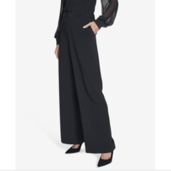 Halston Women's Rhinestone-Waistband Wide-Leg Pants - Black - Picture 2 of 8